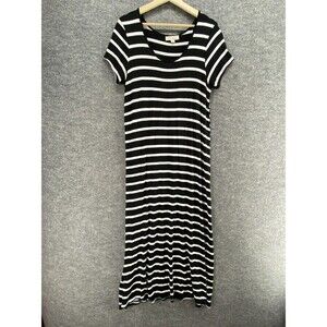 Daisy Island Dress Women L Large Black Striped Maxi Long V-Neck Short Sleeve